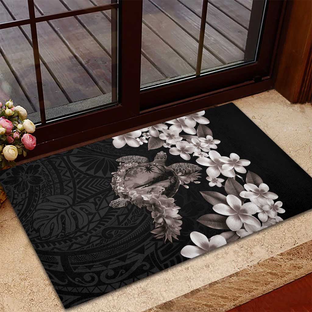 Hawaiian Lei Day Rubber Doormat Plumeria and Turtle with Polynesian Tribal Pattern Grayscale Color LT03 - Polynesian Pride