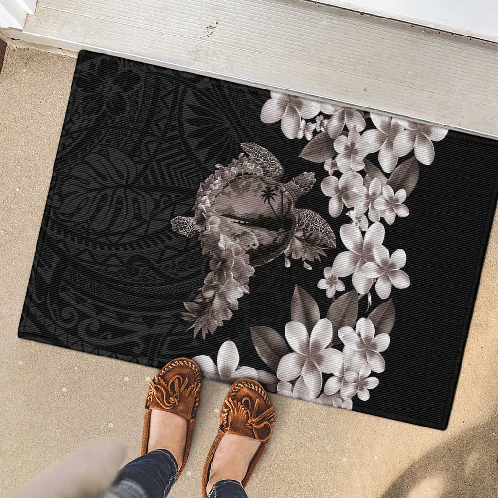 Hawaiian Lei Day Rubber Doormat Plumeria and Turtle with Polynesian Tribal Pattern Grayscale Color LT03 - Polynesian Pride