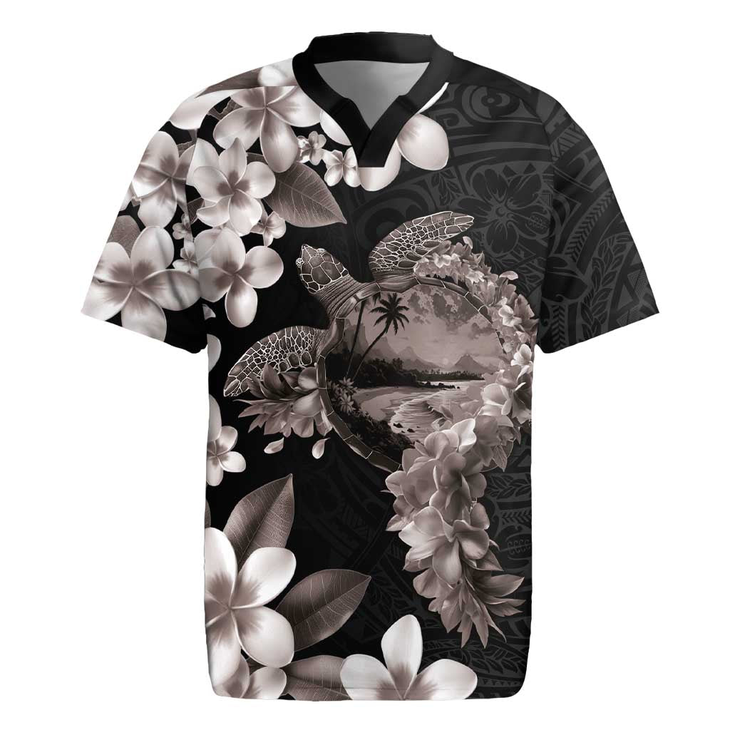 Hawaiian Lei Day Rugby Jersey Plumeria and Turtle with Polynesian Tribal Pattern Grayscale Color LT03 Black - Polynesian Pride