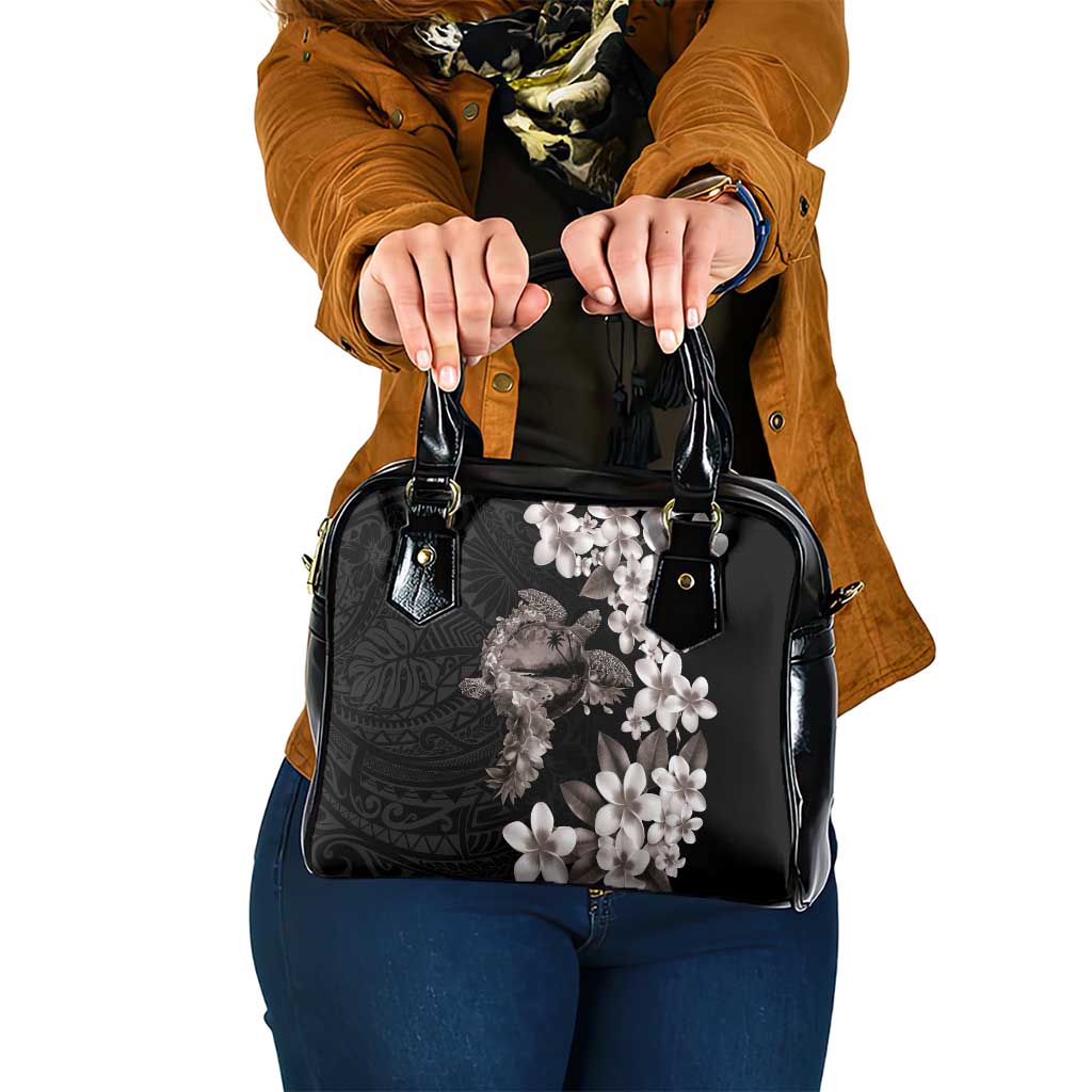 Hawaiian Lei Day Shoulder Handbag Plumeria and Turtle with Polynesian Tribal Pattern Grayscale Color LT03 One Size Black - Polynesian Pride