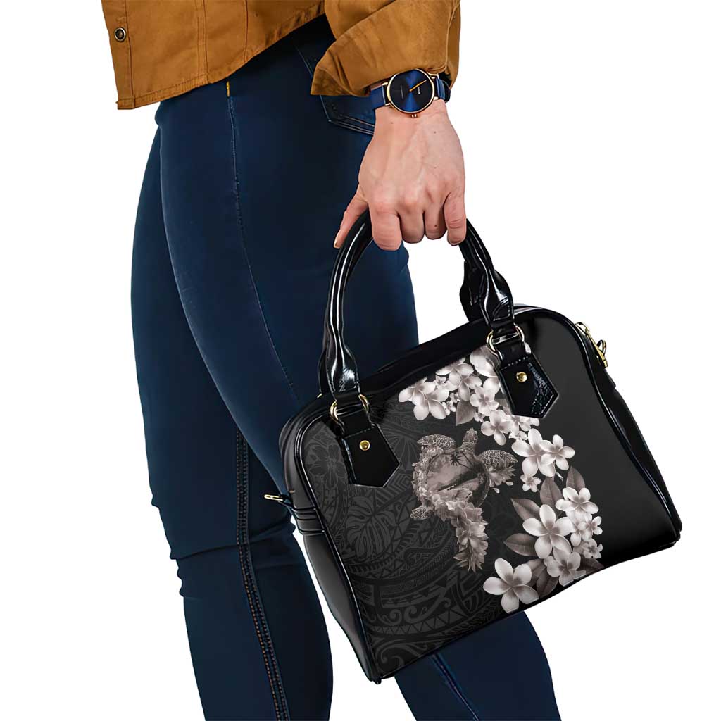 Hawaiian Lei Day Shoulder Handbag Plumeria and Turtle with Polynesian Tribal Pattern Grayscale Color LT03 - Polynesian Pride