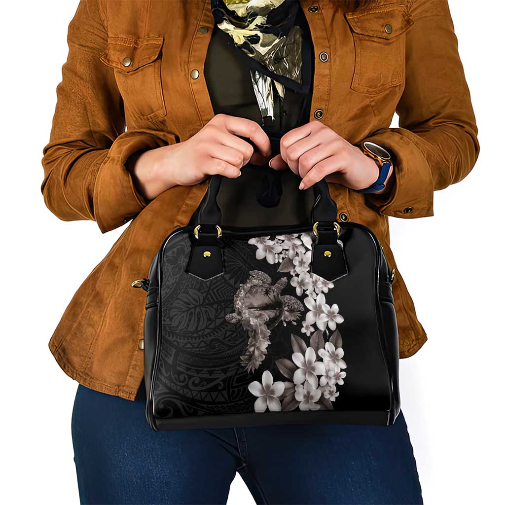 Hawaiian Lei Day Shoulder Handbag Plumeria and Turtle with Polynesian Tribal Pattern Grayscale Color LT03 - Polynesian Pride