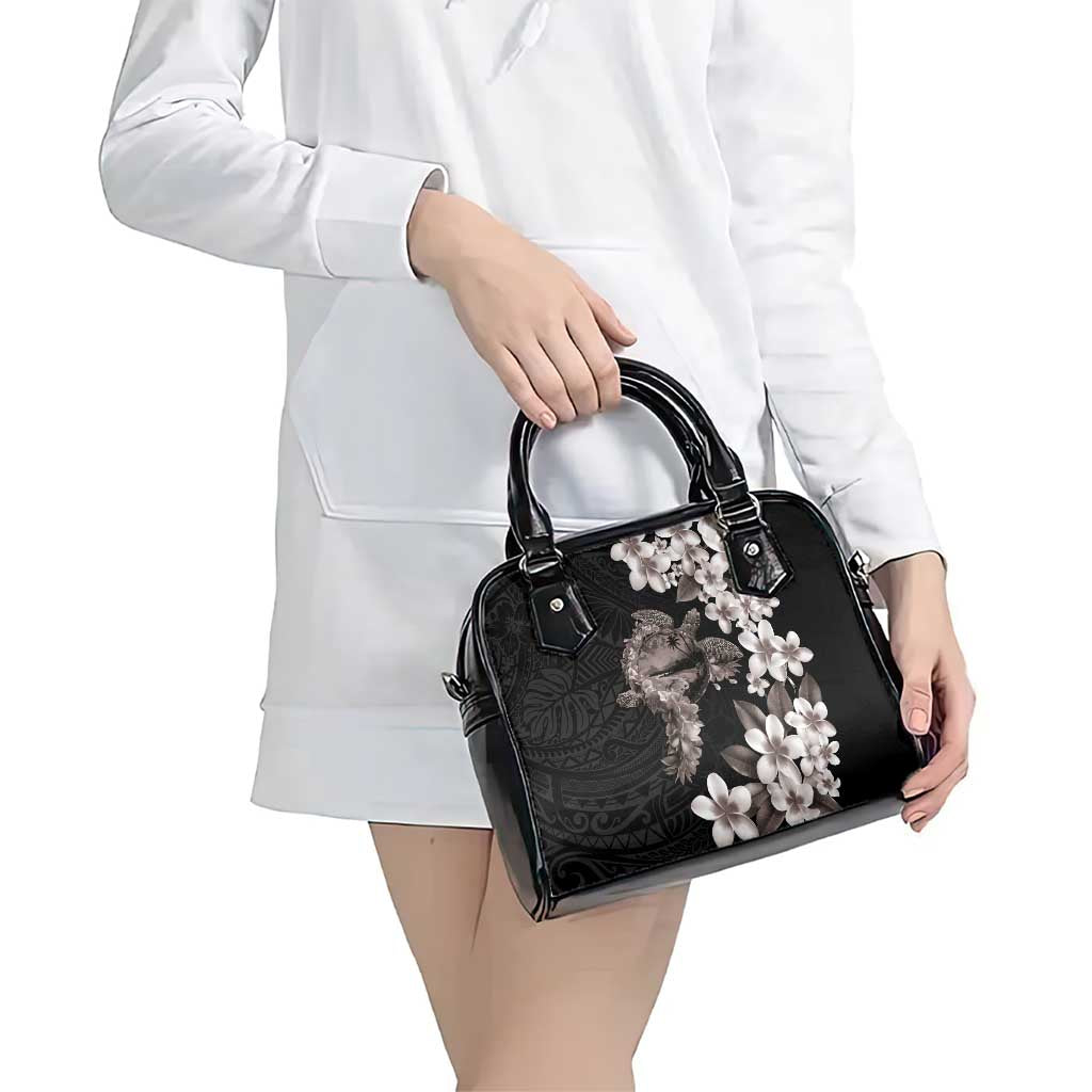 Hawaiian Lei Day Shoulder Handbag Plumeria and Turtle with Polynesian Tribal Pattern Grayscale Color LT03 - Polynesian Pride