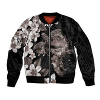 Hawaiian Lei Day Sleeve Zip Bomber Jacket Plumeria and Turtle with Polynesian Tribal Pattern Grayscale Color LT03 Unisex Black - Polynesian Pride