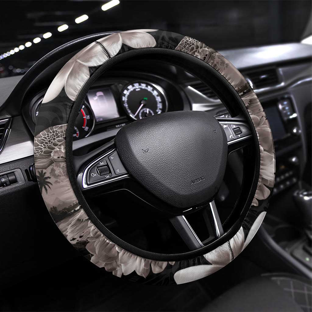 Hawaiian Lei Day Steering Wheel Cover Plumeria and Turtle with Polynesian Tribal Pattern Grayscale Color LT03 Universal Fit Black - Polynesian Pride