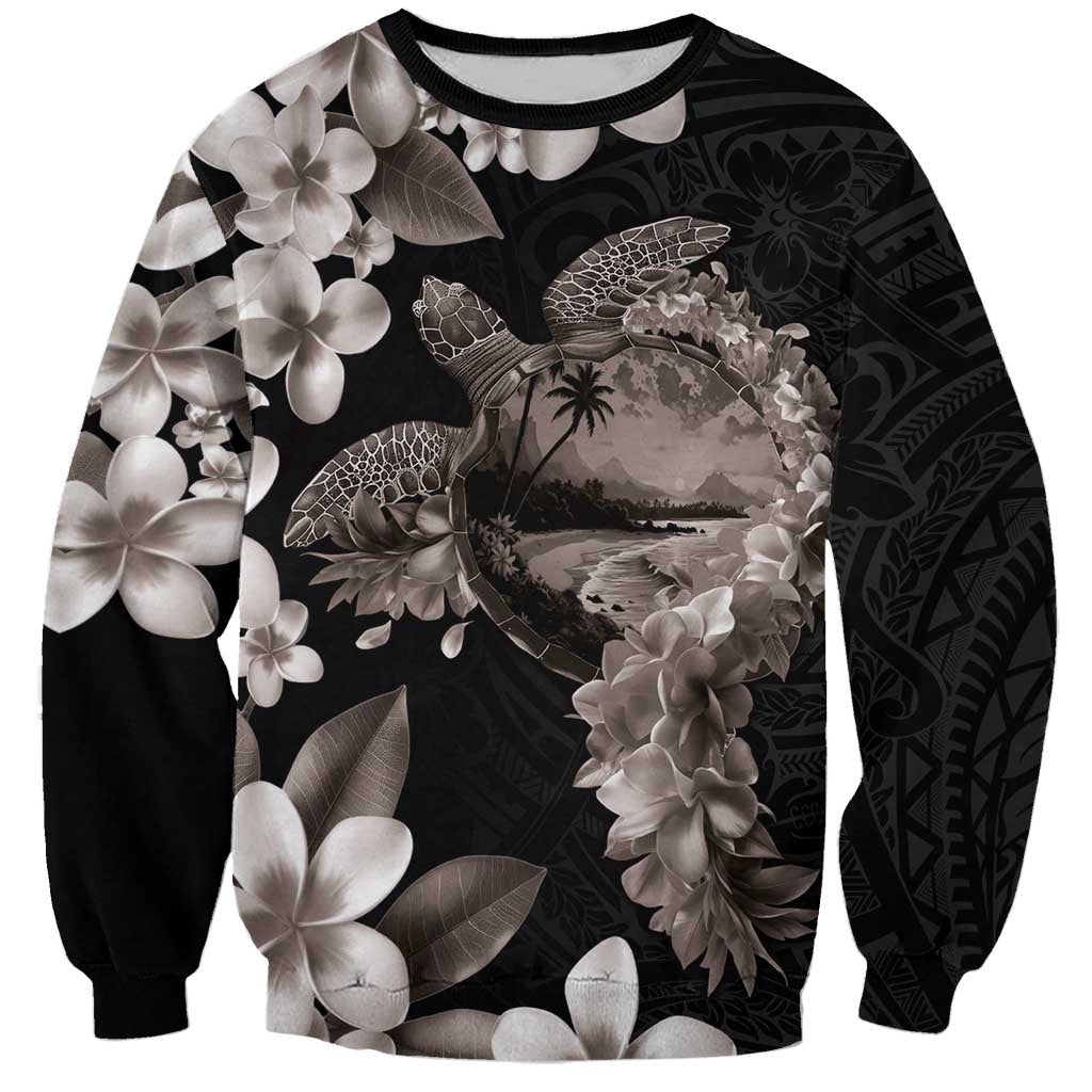 Hawaiian Lei Day Sweatshirt Plumeria and Turtle with Polynesian Tribal Pattern Grayscale Color LT03 Unisex Black - Polynesian Pride