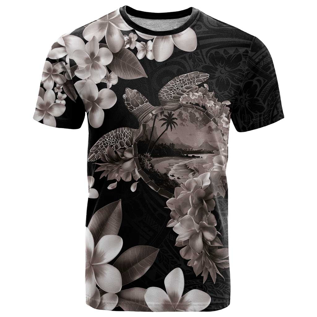 Hawaiian Lei Day T Shirt Plumeria and Turtle with Polynesian Tribal Pattern Grayscale Color LT03 Black - Polynesian Pride