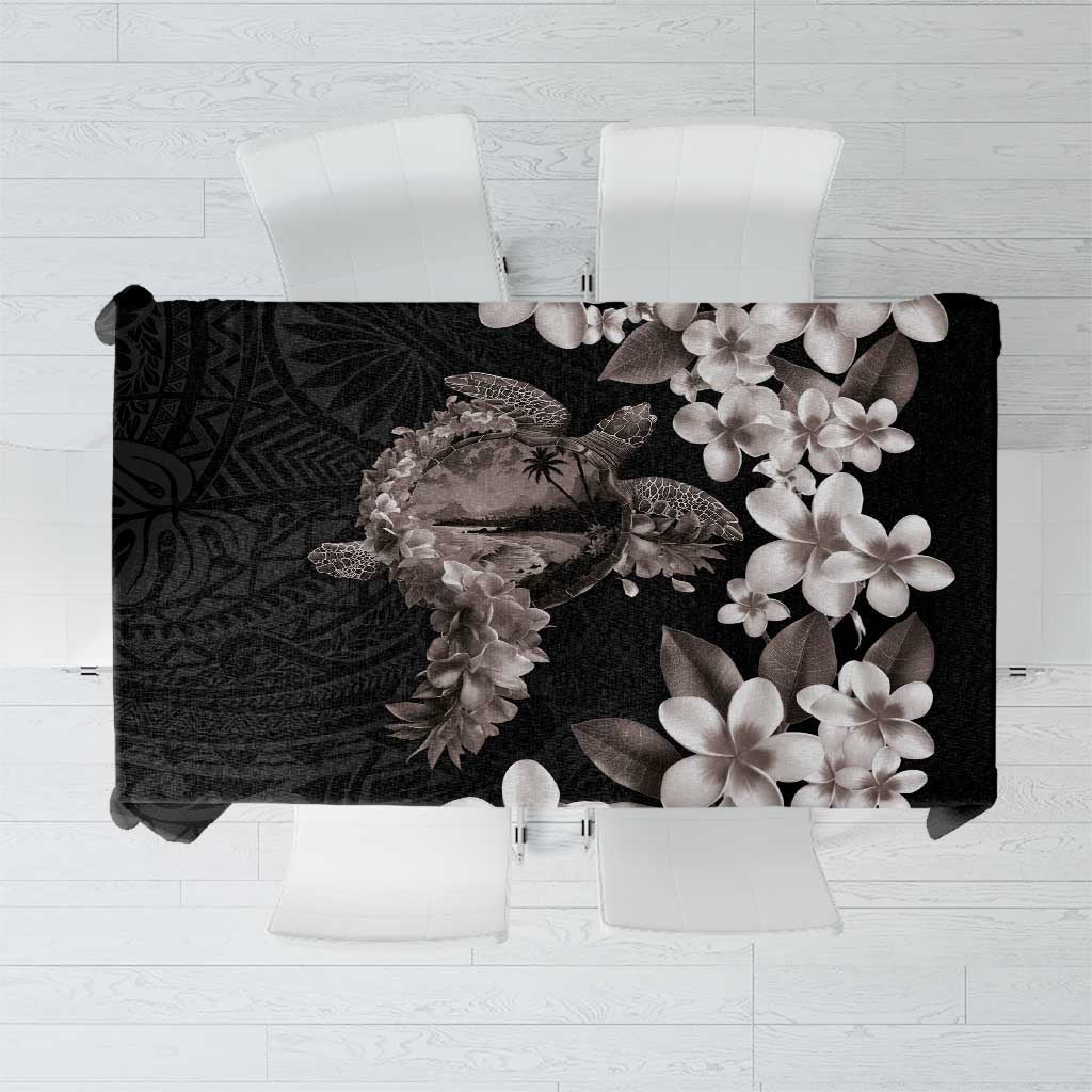 Hawaiian Lei Day Tablecloth Plumeria and Turtle with Polynesian Tribal Pattern Grayscale Color LT03 Black - Polynesian Pride