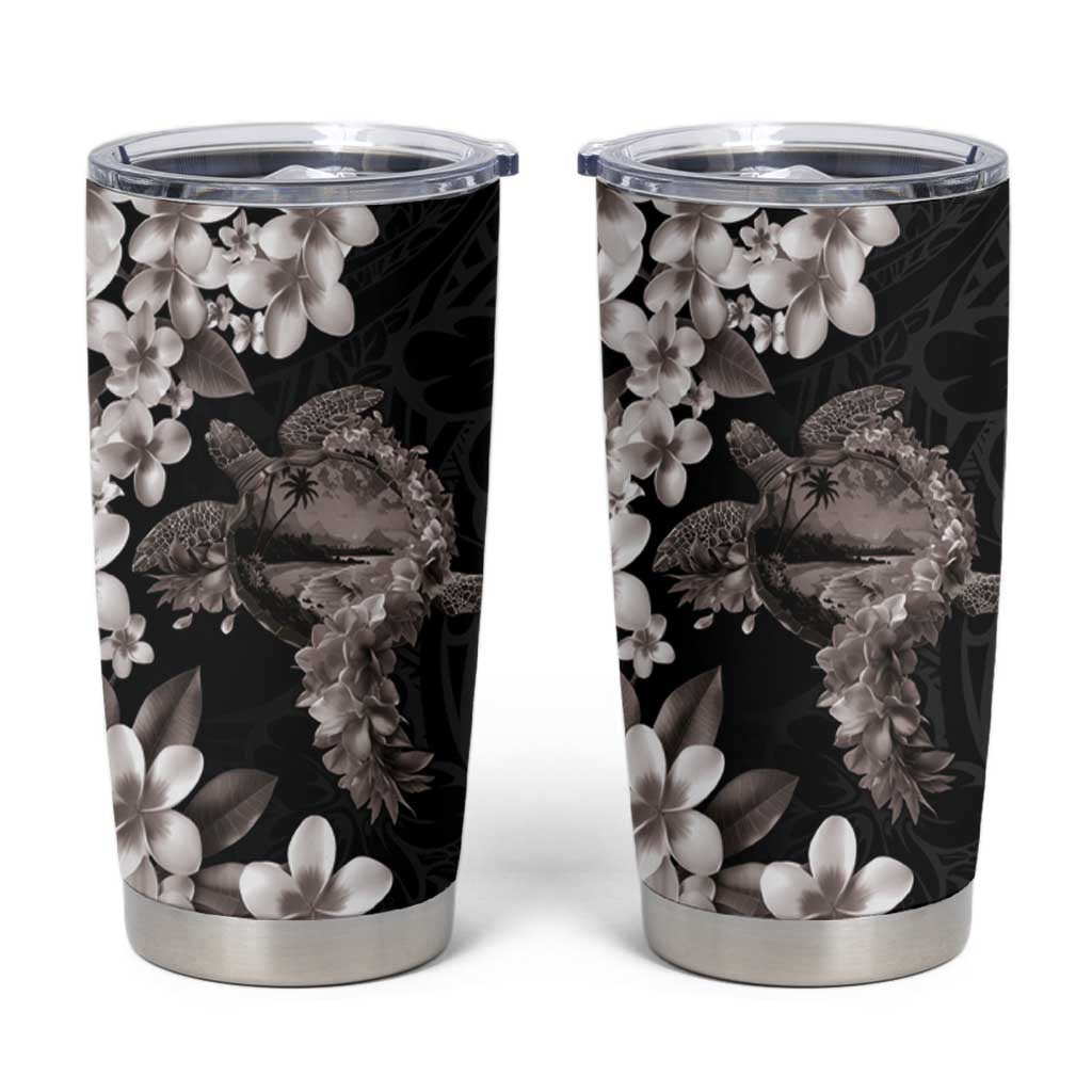 Hawaiian Lei Day Tumbler Cup Plumeria and Turtle with Polynesian Tribal Pattern Grayscale Color LT03 Black - Polynesian Pride