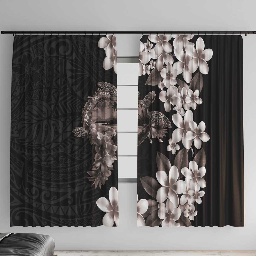 Hawaiian Lei Day Window Curtain Plumeria and Turtle with Polynesian Tribal Pattern Grayscale Color LT03 With Hooks Black - Polynesian Pride