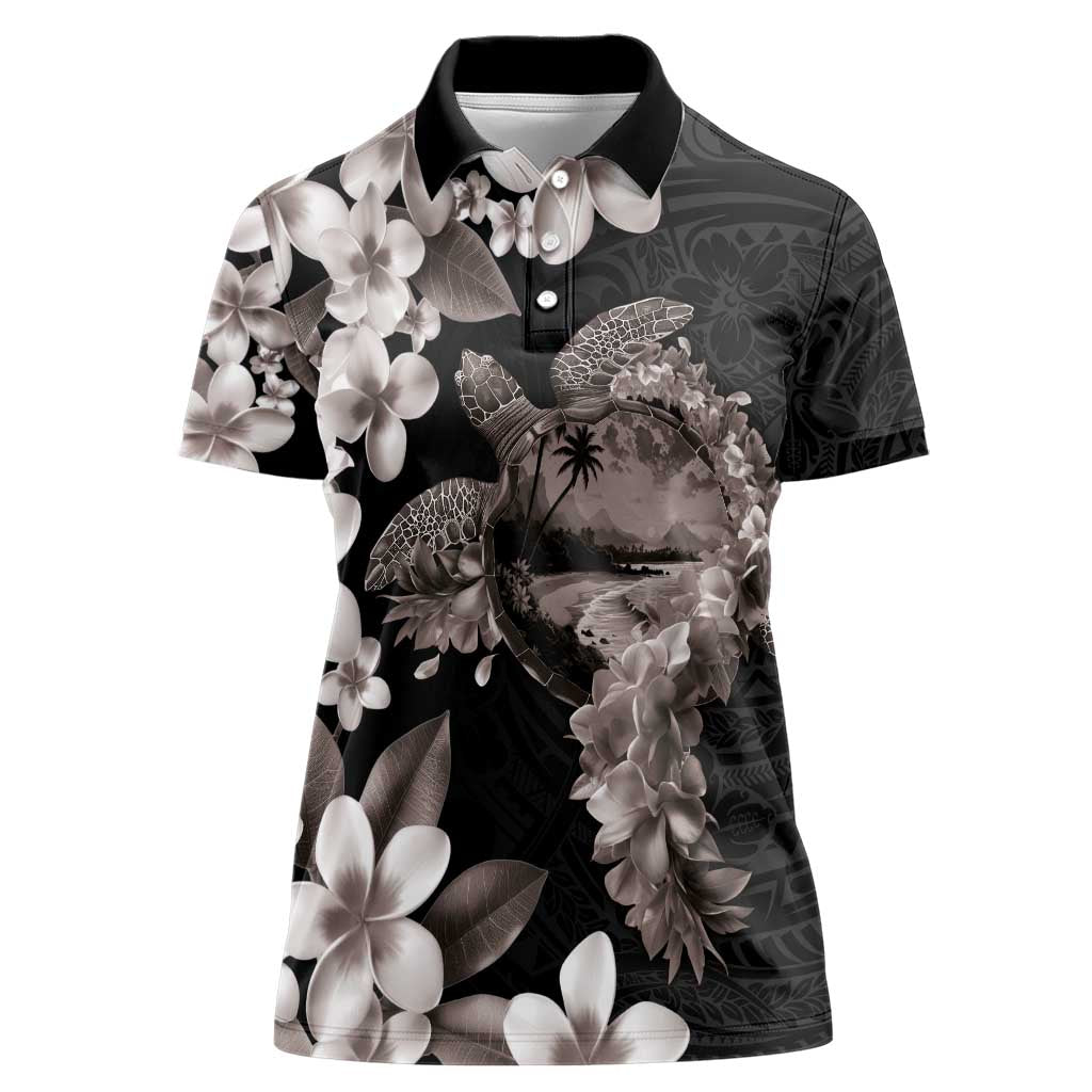 Hawaiian Lei Day Women Polo Shirt Plumeria and Turtle with Polynesian Tribal Pattern Grayscale Color