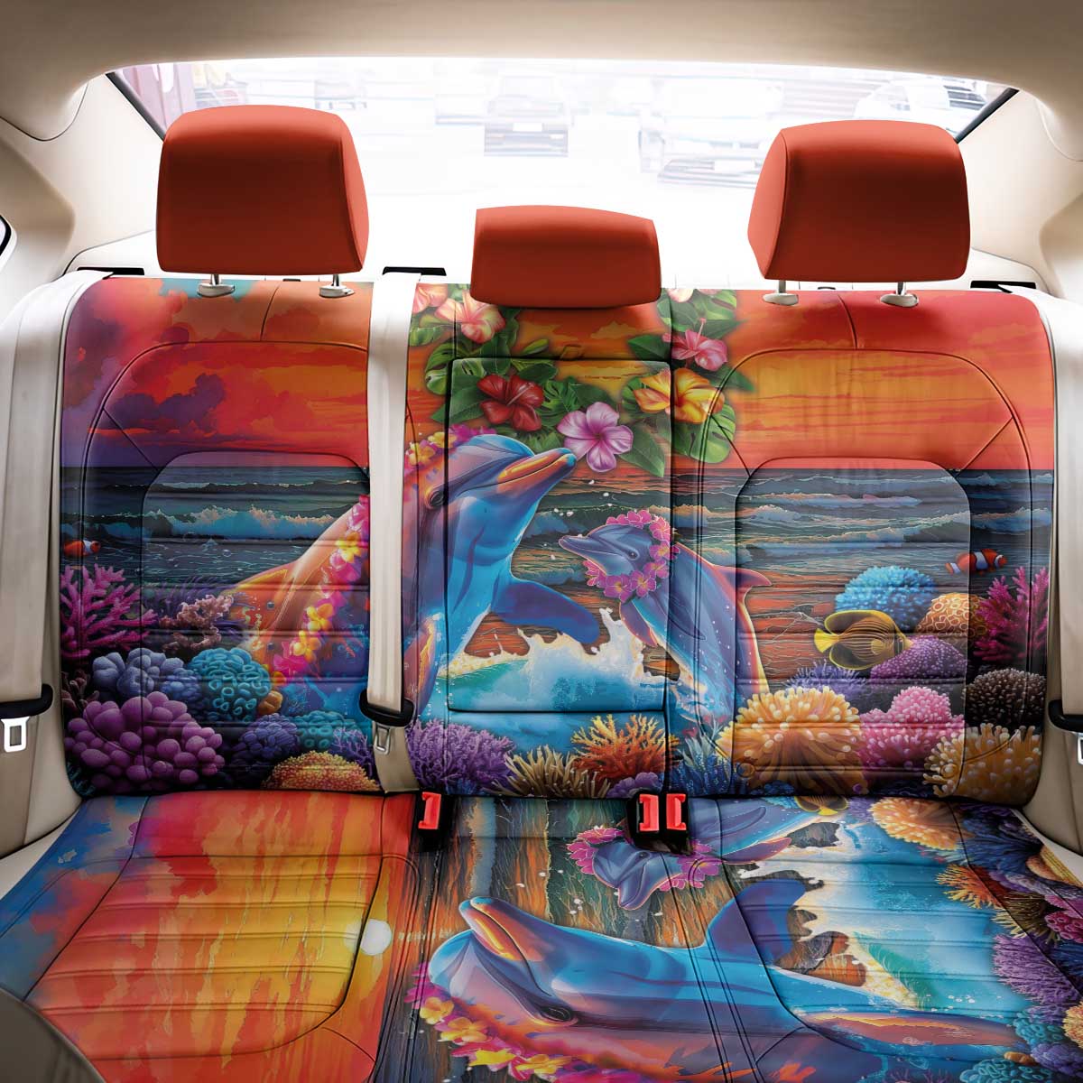 Hawaiian Lei Day Back Car Seat Cover Dolphins with Colorful Corals and Romantic Sunset LT03 - Polynesian Pride