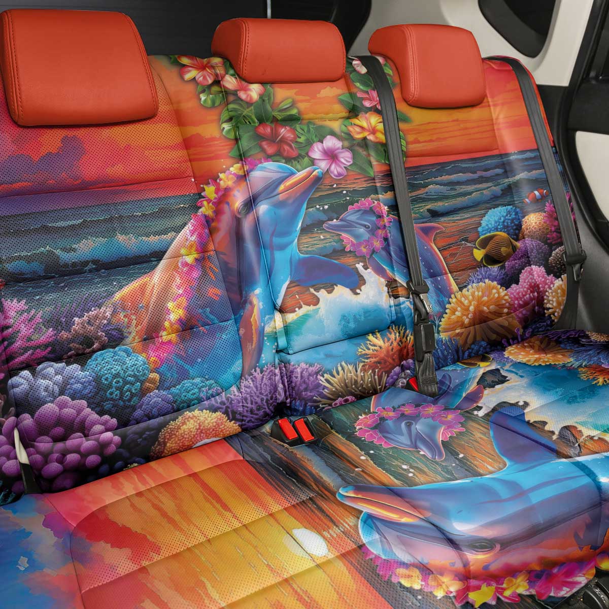 Hawaiian Lei Day Back Car Seat Cover Dolphins with Colorful Corals and Romantic Sunset LT03 - Polynesian Pride