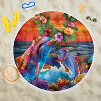 Hawaiian Lei Day Beach Blanket Dolphins with Colorful Corals and Romantic Sunset LT03 One Size 150cm Orange - Polynesian Pride