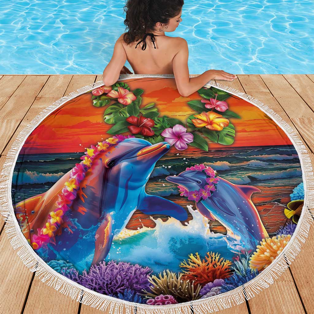 Hawaiian Lei Day Beach Blanket Dolphins with Colorful Corals and Romantic Sunset LT03 - Polynesian Pride