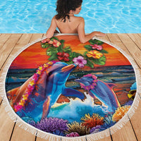 Hawaiian Lei Day Beach Blanket Dolphins with Colorful Corals and Romantic Sunset LT03 - Polynesian Pride