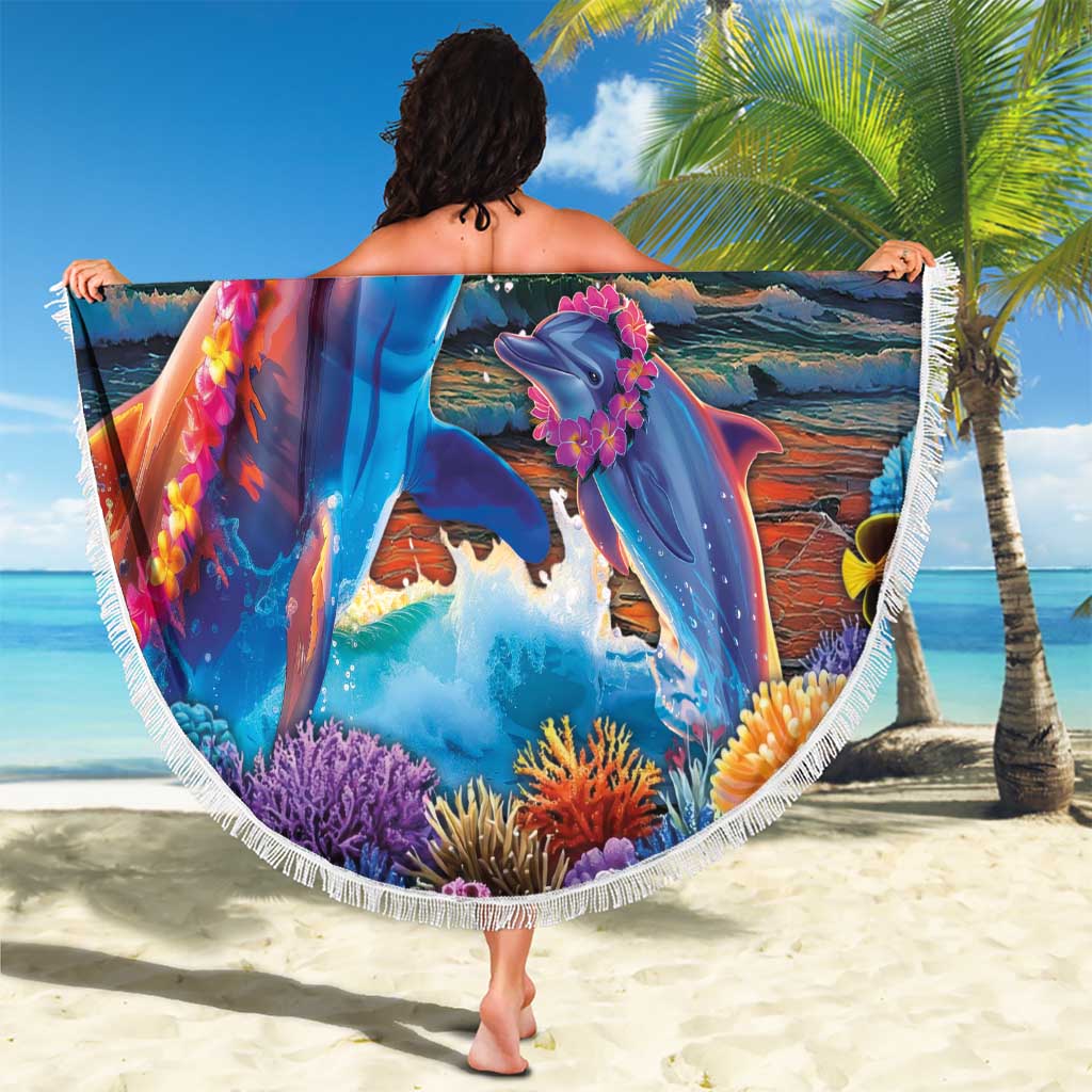Hawaiian Lei Day Beach Blanket Dolphins with Colorful Corals and Romantic Sunset LT03 - Polynesian Pride