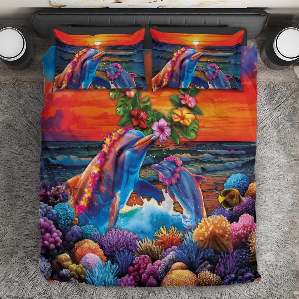 Hawaiian Lei Day Bedding Set Dolphins with Colorful Corals and Romantic Sunset LT03 Orange - Polynesian Pride