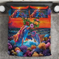 Hawaiian Lei Day Bedding Set Dolphins with Colorful Corals and Romantic Sunset LT03 Orange - Polynesian Pride