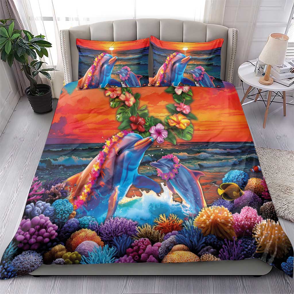 Hawaiian Lei Day Bedding Set Dolphins with Colorful Corals and Romantic Sunset LT03 - Polynesian Pride