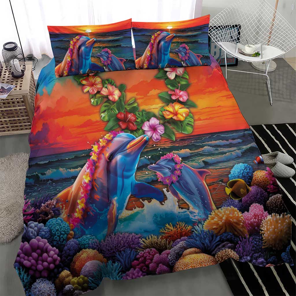 Hawaiian Lei Day Bedding Set Dolphins with Colorful Corals and Romantic Sunset LT03 - Polynesian Pride