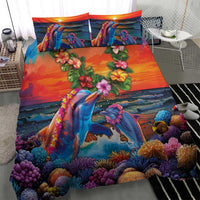Hawaiian Lei Day Bedding Set Dolphins with Colorful Corals and Romantic Sunset LT03 - Polynesian Pride