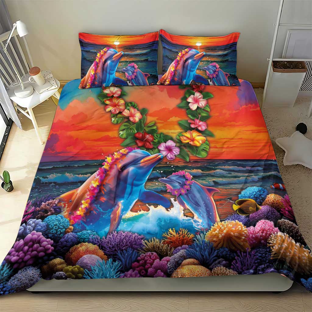 Hawaiian Lei Day Bedding Set Dolphins with Colorful Corals and Romantic Sunset LT03 - Polynesian Pride