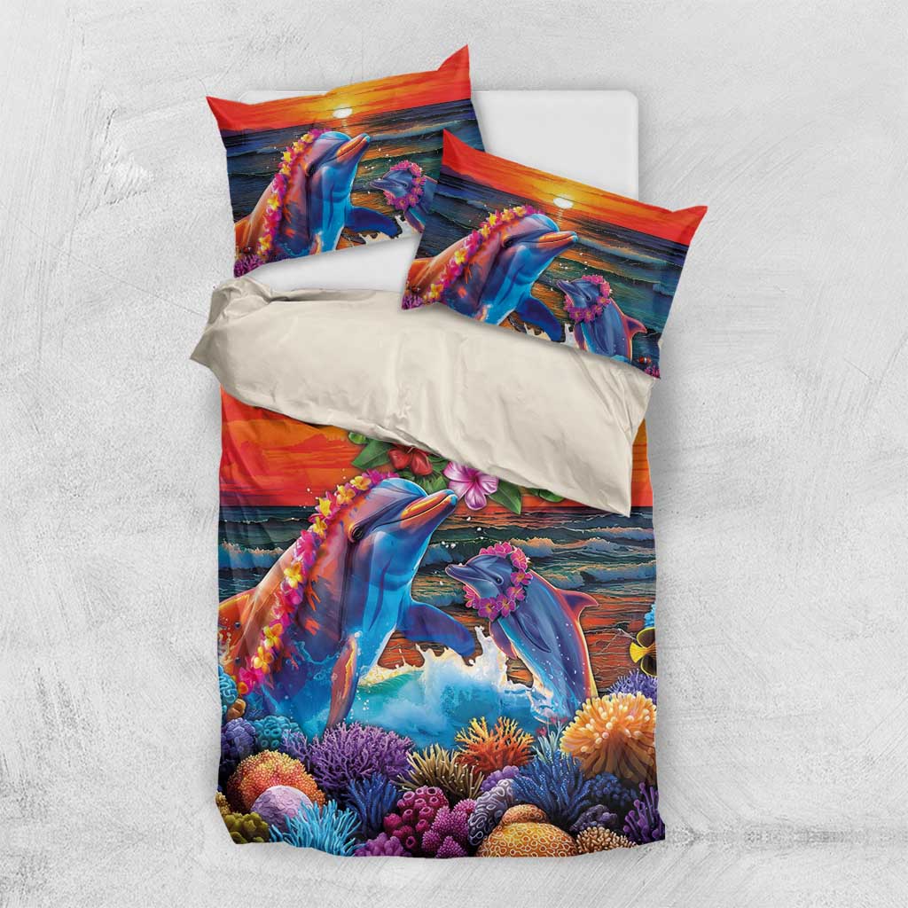 Hawaiian Lei Day Bedding Set Dolphins with Colorful Corals and Romantic Sunset LT03 US Twin 172cm x 218cm Orange - Polynesian Pride