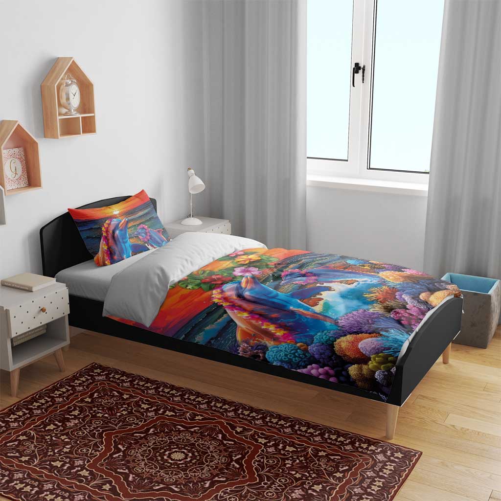 Hawaiian Lei Day Bedding Set Dolphins with Colorful Corals and Romantic Sunset LT03 - Polynesian Pride