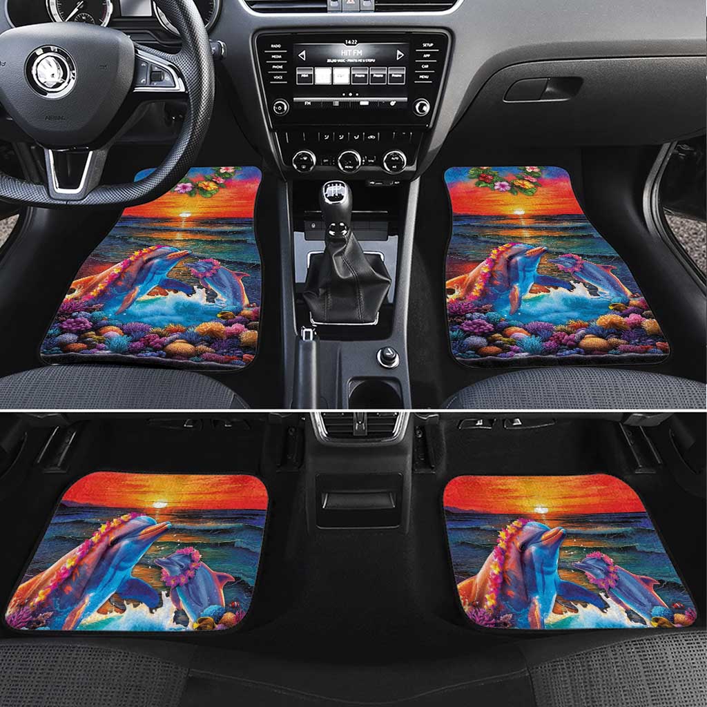 Hawaiian Lei Day Car Mats Dolphins with Colorful Corals and Romantic Sunset LT03 Set 4pcs Orange - Polynesian Pride