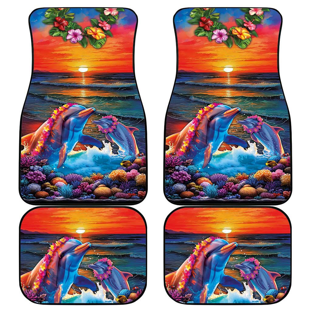 Hawaiian Lei Day Car Mats Dolphins with Colorful Corals and Romantic Sunset LT03 - Polynesian Pride