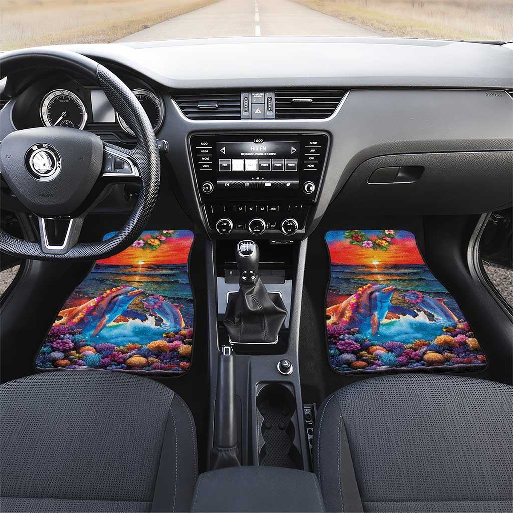 Hawaiian Lei Day Car Mats Dolphins with Colorful Corals and Romantic Sunset LT03 Set 2pcs - Front Orange - Polynesian Pride