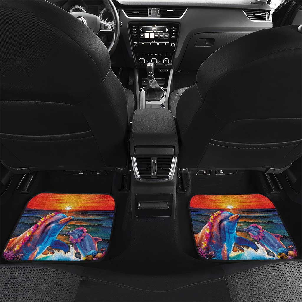 Hawaiian Lei Day Car Mats Dolphins with Colorful Corals and Romantic Sunset LT03 Set 2pcs - Back Orange - Polynesian Pride