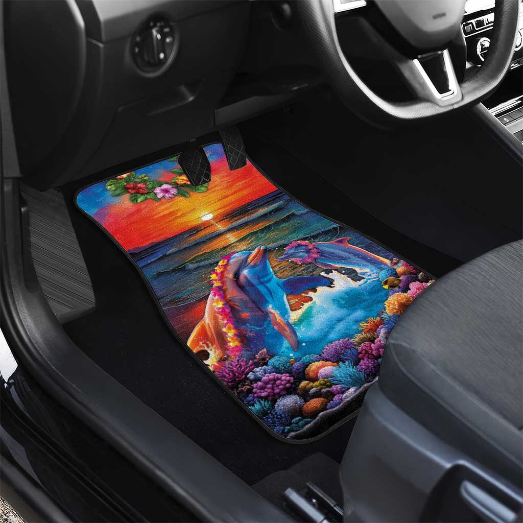 Hawaiian Lei Day Car Mats Dolphins with Colorful Corals and Romantic Sunset LT03 - Polynesian Pride