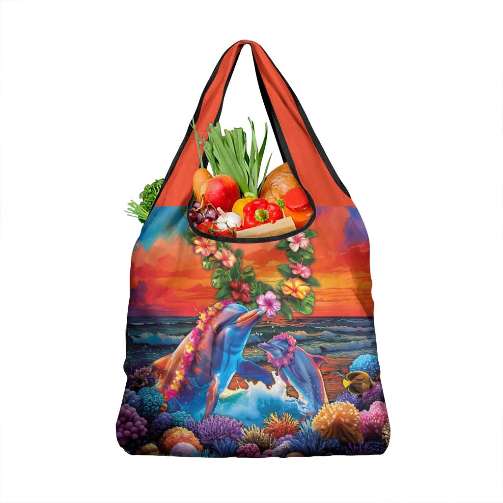Hawaiian Lei Day Grocery Bag Dolphins with Colorful Corals and Romantic Sunset LT03 1-pack One Size Orange - Polynesian Pride