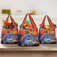 Hawaiian Lei Day Grocery Bag Dolphins with Colorful Corals and Romantic Sunset LT03 3-pack One Size Orange - Polynesian Pride