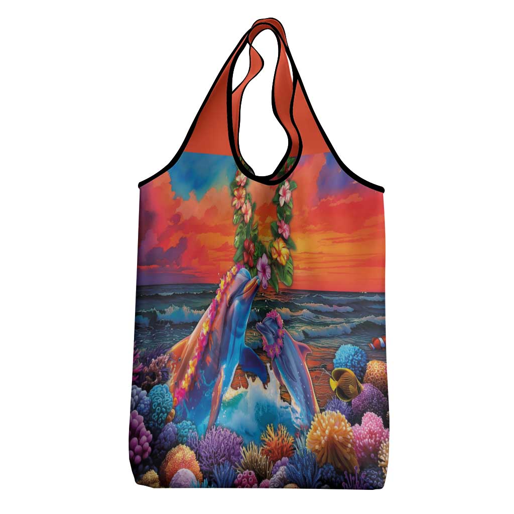 Hawaiian Lei Day Grocery Bag Dolphins with Colorful Corals and Romantic Sunset LT03 - Polynesian Pride
