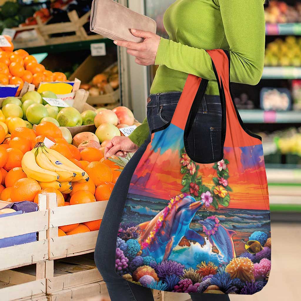 Hawaiian Lei Day Grocery Bag Dolphins with Colorful Corals and Romantic Sunset LT03 - Polynesian Pride