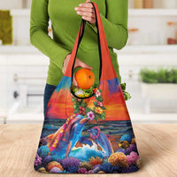 Hawaiian Lei Day Grocery Bag Dolphins with Colorful Corals and Romantic Sunset LT03 - Polynesian Pride