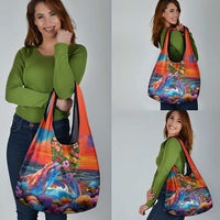Hawaiian Lei Day Grocery Bag Dolphins with Colorful Corals and Romantic Sunset LT03 - Polynesian Pride