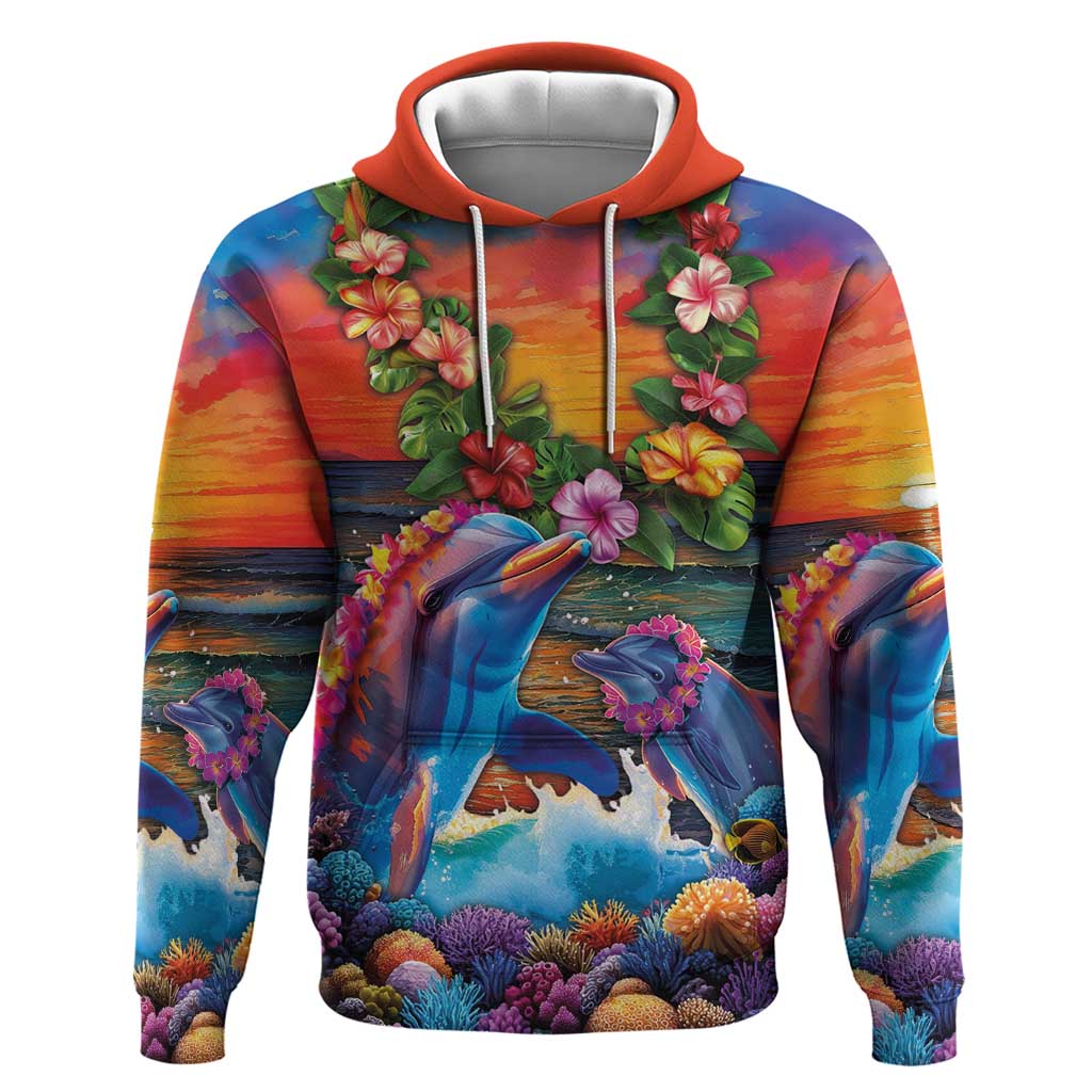 Hawaiian Lei Day Hoodie Dolphins with Colorful Corals and Romantic Sunset LT03 Pullover Hoodie Orange - Polynesian Pride