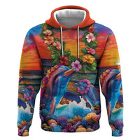 Hawaiian Lei Day Hoodie Dolphins with Colorful Corals and Romantic Sunset LT03 Pullover Hoodie Orange - Polynesian Pride