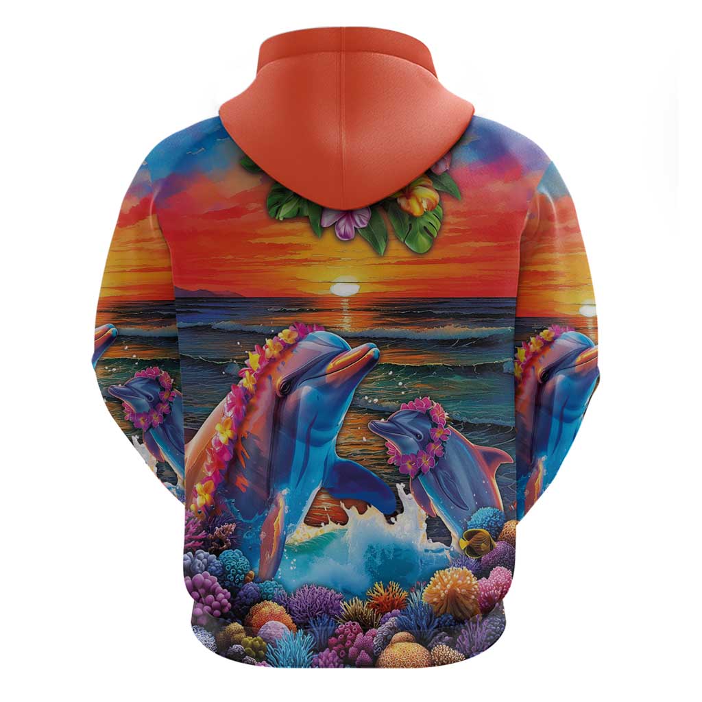 Hawaiian Lei Day Hoodie Dolphins with Colorful Corals and Romantic Sunset LT03 - Polynesian Pride