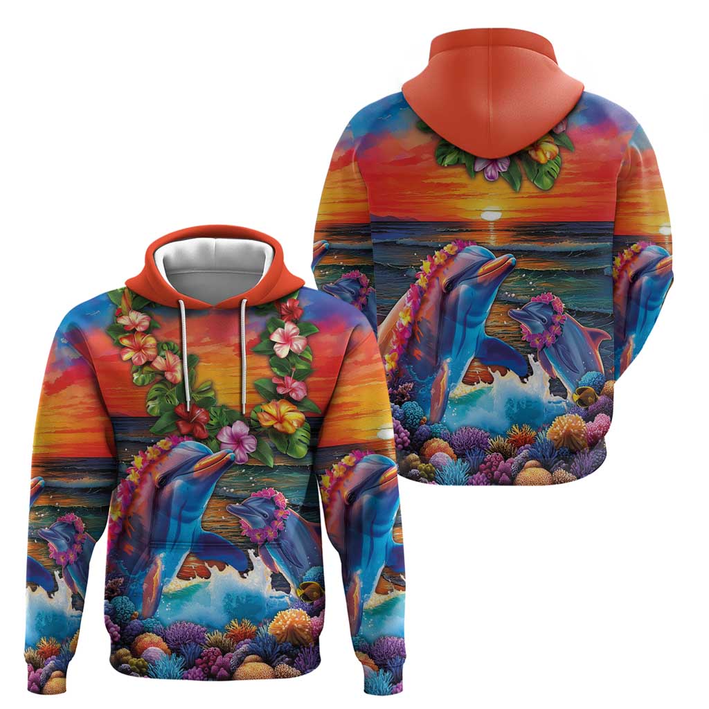 Hawaiian Lei Day Hoodie Dolphins with Colorful Corals and Romantic Sunset LT03 - Polynesian Pride