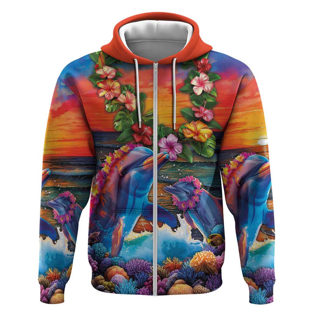 Hawaiian Lei Day Hoodie Dolphins with Colorful Corals and Romantic Sunset LT03 Zip Hoodie Orange - Polynesian Pride