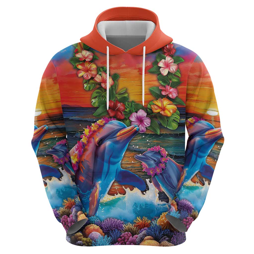 Hawaiian Lei Day Hoodie Dolphins with Colorful Corals and Romantic Sunset LT03 - Polynesian Pride