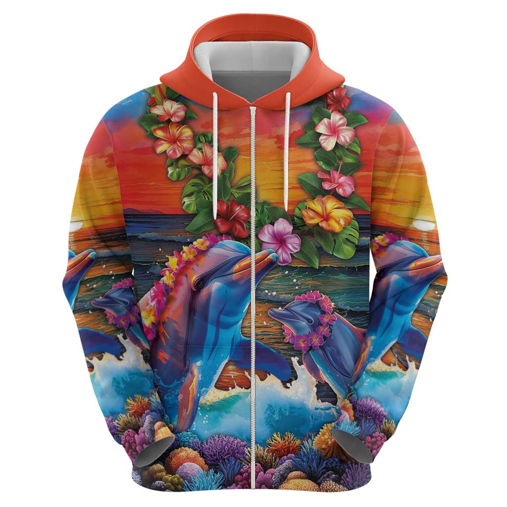 Hawaiian Lei Day Hoodie Dolphins with Colorful Corals and Romantic Sunset LT03 - Polynesian Pride