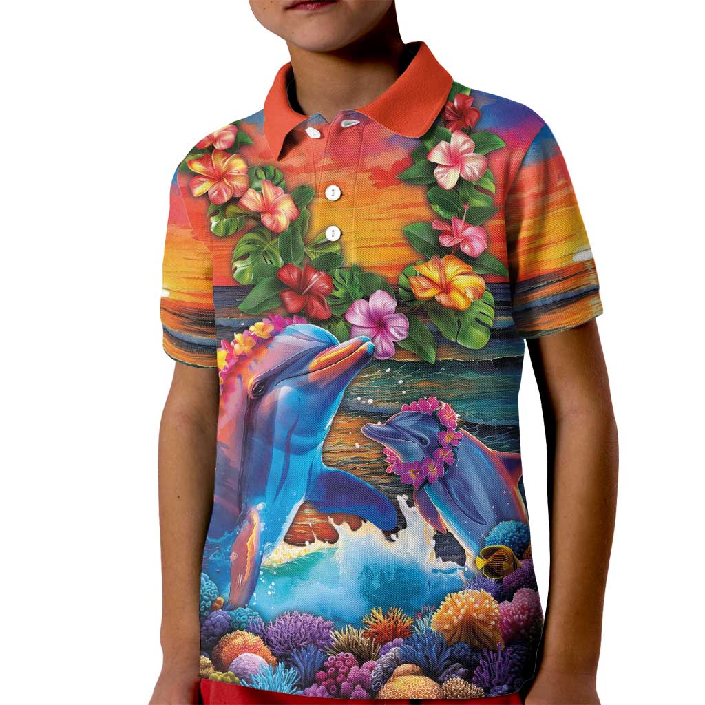 Hawaiian Lei Day Kid Polo Shirt Dolphins with Colorful Corals and Romantic Sunset