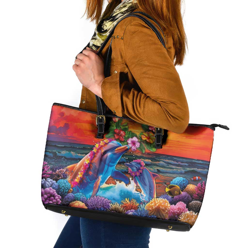 Hawaiian Lei Day Leather Tote Bag Dolphins with Colorful Corals and Romantic Sunset LT03 Orange - Polynesian Pride