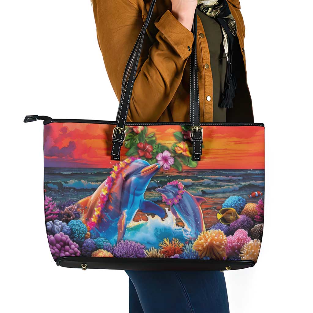 Hawaiian Lei Day Leather Tote Bag Dolphins with Colorful Corals and Romantic Sunset LT03 - Polynesian Pride